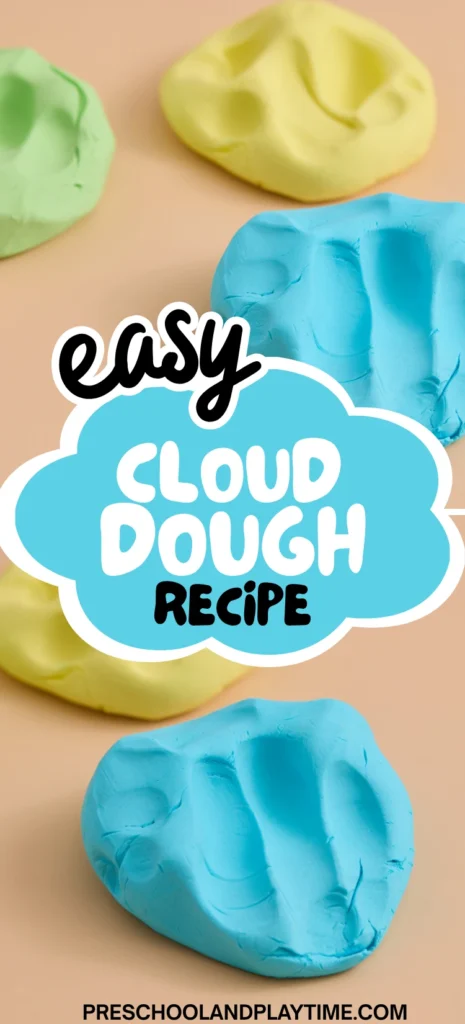 cloud dough in green, blue, and yellow on a peach background