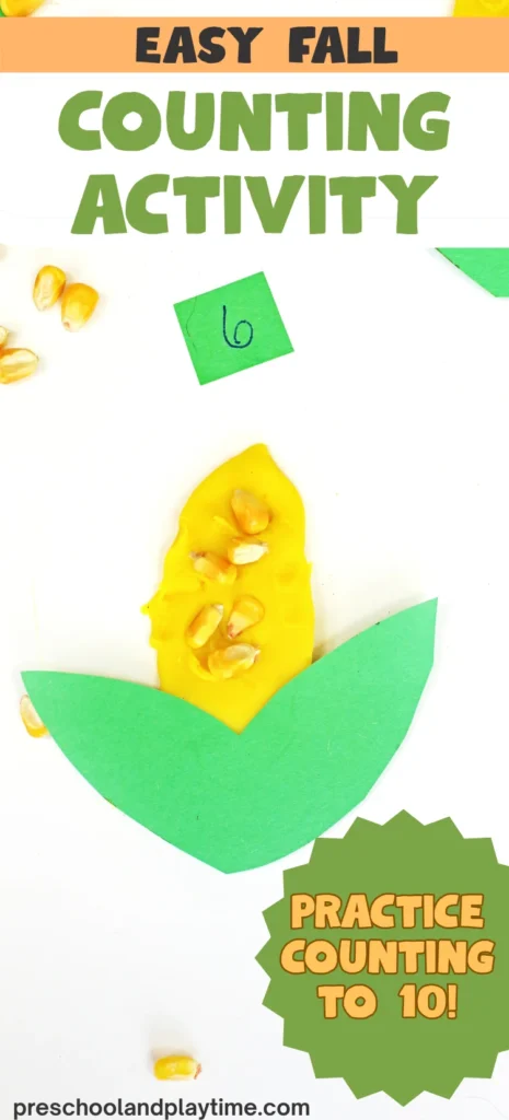 a fall counting activity for preschoolers that has corn kernels in playdough that looks like corn
