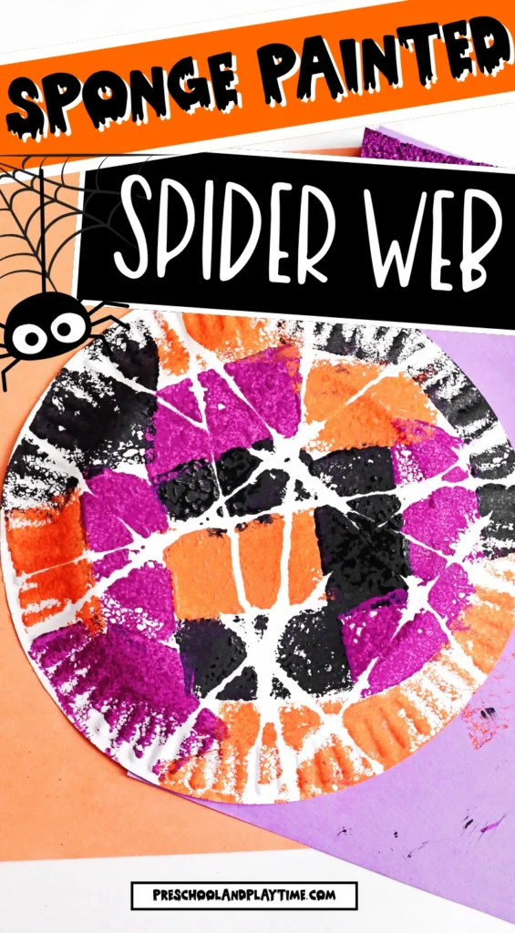 a Spider Web Painting on a paper plate with sponges and orange and purple paper in the background