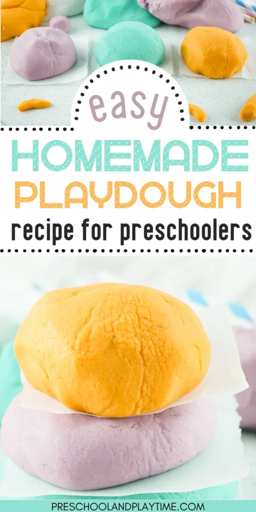 homemade playdough recipe that makes blue, purple, and orange playdough for kids