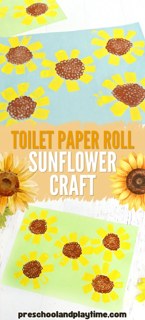 a toilet paper roll sunflower craft that is blue and green construction paper with sunflowers painted on