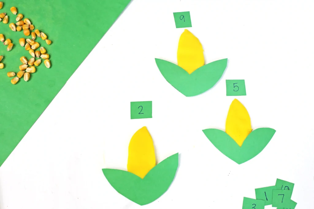 green construction paper corn husks on top of yellow playdough to look like corn with numbers above them