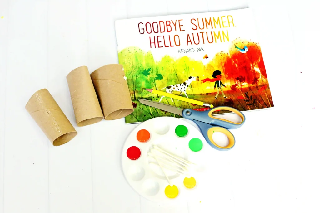 toilet paper roll crafts that use toilet paper rolls, paint, cotton swabs, and scissors that pairs with the book "goodbye summer, hello autumn"