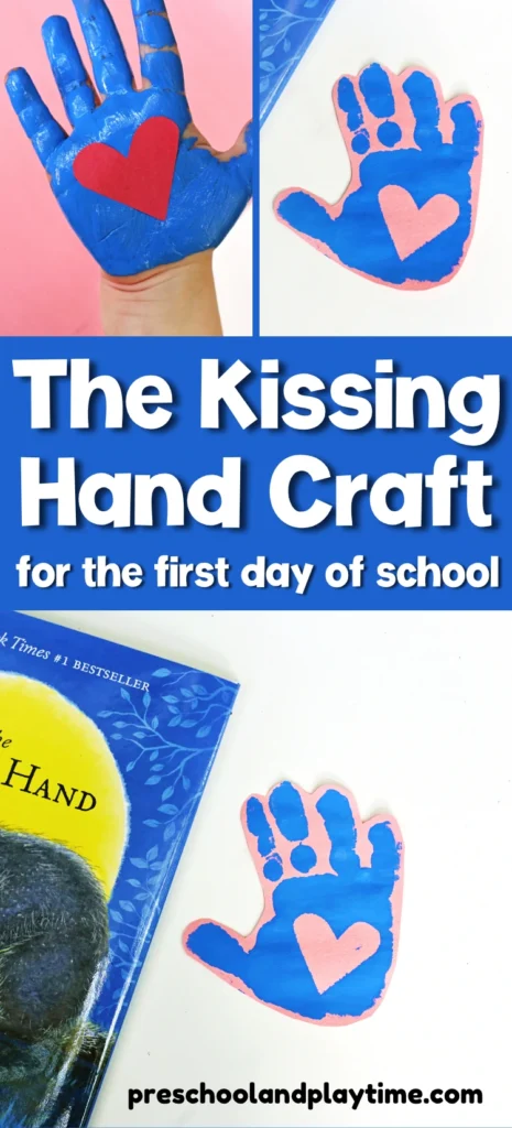 a blue handprint with a heart in the middle on pink paper next to a book