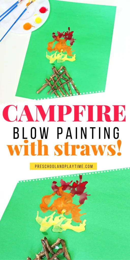 a Campfire Blow Painting With Straws with sticks glued onto green paper