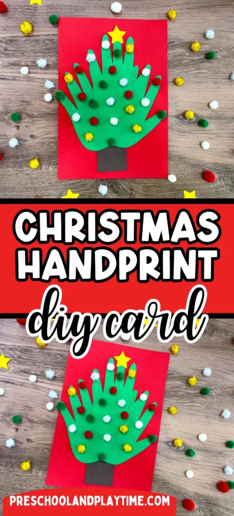 a christmas card of 3 handprints that make a christmas tree with pom poms glued on