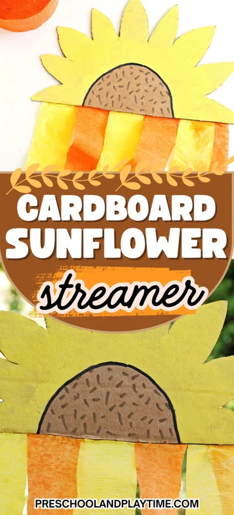 a Cardboard Sunflower Streamer made out of painted cardboard and orange and yellow streamers