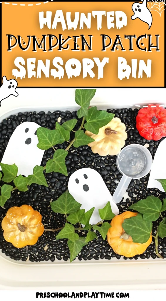 a Haunted Pumpkin Patch Sensory Bin that has black beans, ghosts, and pumpkins