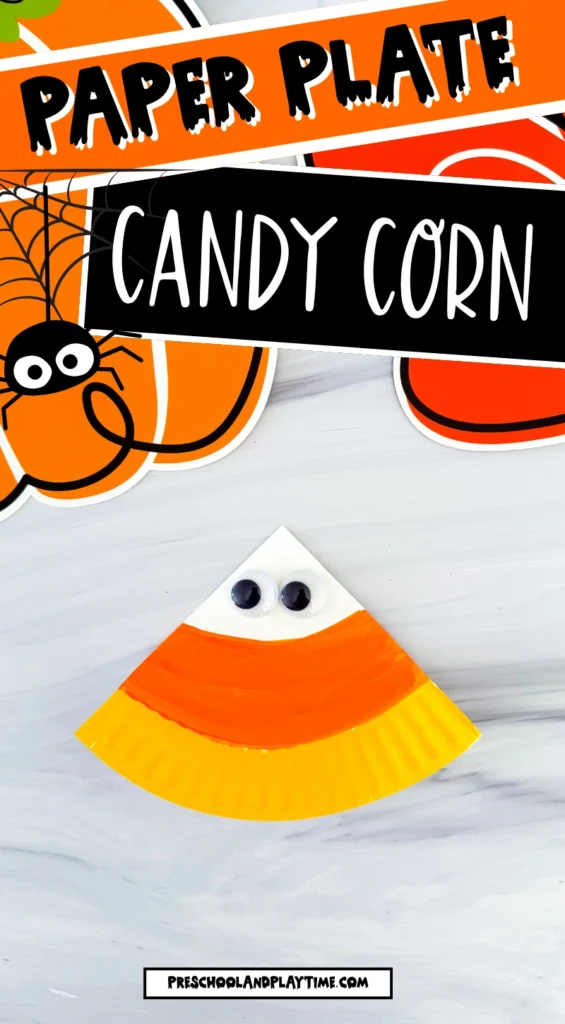 a paper plate painted to look like a candy corn with googly eyes