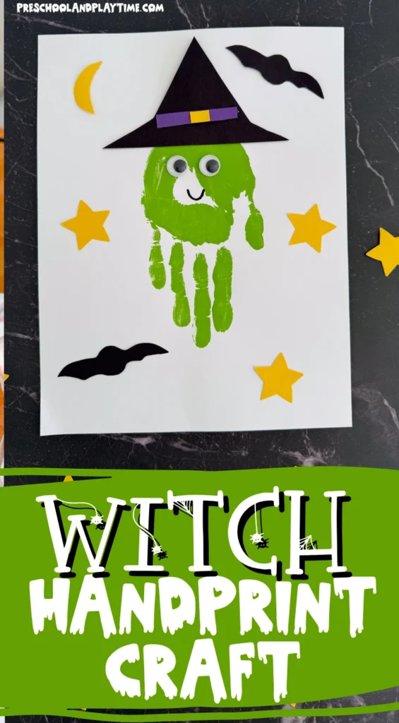 a Handprint Witch Craft of a green handprint decorated to look like a witch