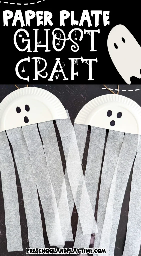 a paper plate cut in half with a ghost face and streamers attached