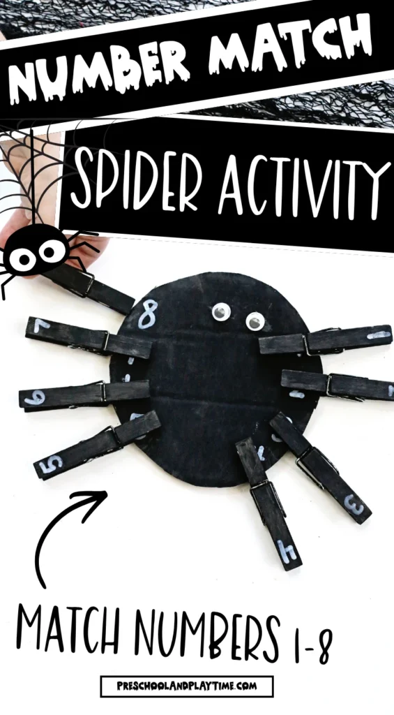 a Spider Number Matching Activity that has a kid placing a black clothespin with a number on the spider with the same number