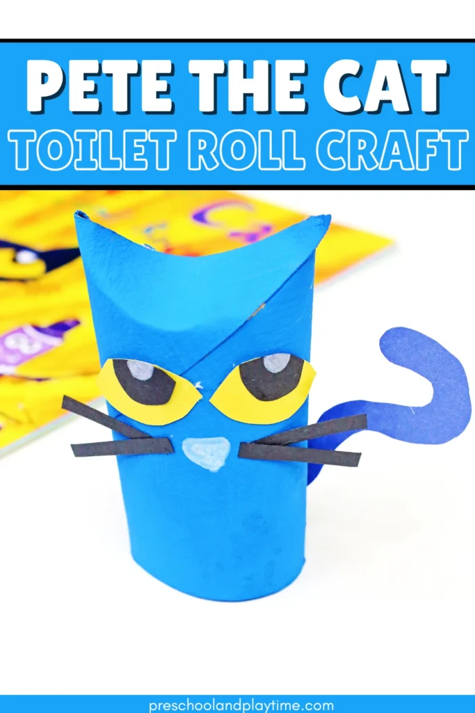 a toilet paper roll painted and decorated to look like pete the cat