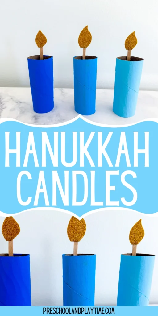 toilet paper rolls painted different shades of blue with popsicle sticks and glitter foam paper to look like a candle