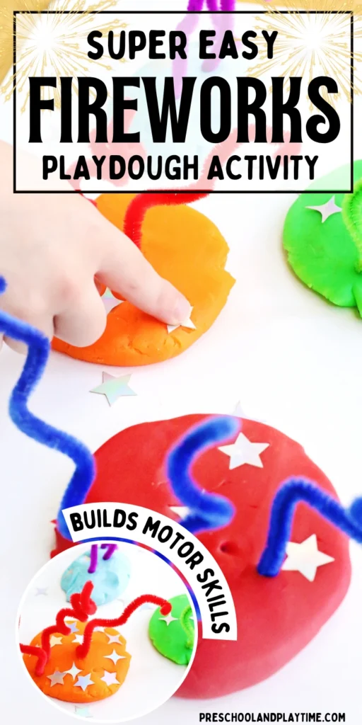 a Fireworks Playdough Tray that uses playdough, pipe cleaners, and foam stars to look like fireworks