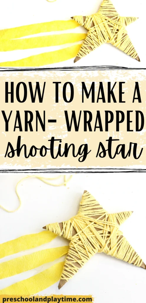 a Yarn-Wrapped Shooting Star Craft that is cardboard cut into a star and wrapped with yellow yarn and has yellow streamers attached