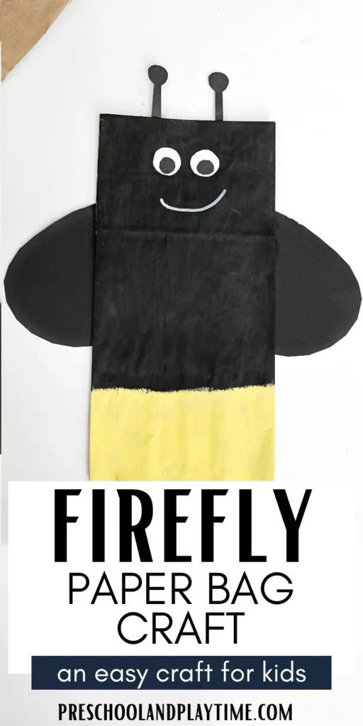 a Firefly Paper Bag Craft of a paper plag painted black and yellow and decorated to look like a firefly