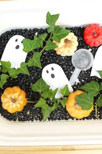 a Haunted Pumpkin Patch Sensory Bin that has black beans, ghosts, and pumpkins