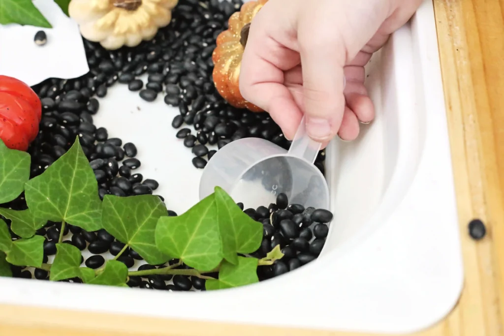 a kid scooping up black beans from a bin with pumpkin and leaves