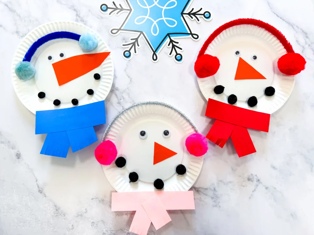 paper plates decorated to look like snowmen