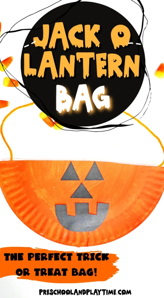 a Paper Plate Jack O Lantern Bag that is a paper plate painted orange with a jack o lantern face