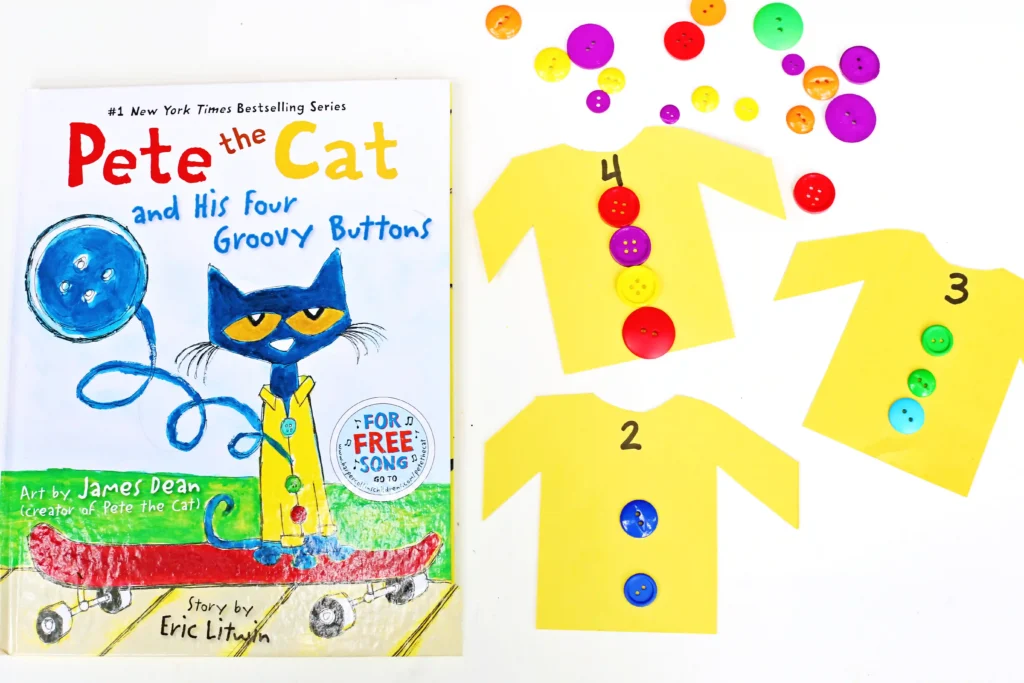 a Pete the Cat Counting Activity that has yellow shirts cut out of construction paper with numbers and buttons
