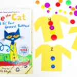 a Pete the Cat Counting Activity that has yellow shirts cut out of construction paper with numbers and buttons