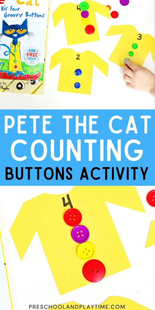 a Pete the Cat Counting Activity that has yellow shirts cut out of construction paper with numbers and buttons