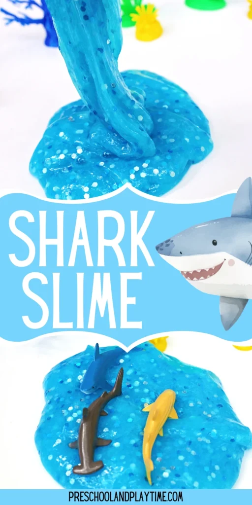 blue slime with glitter and toy sharks