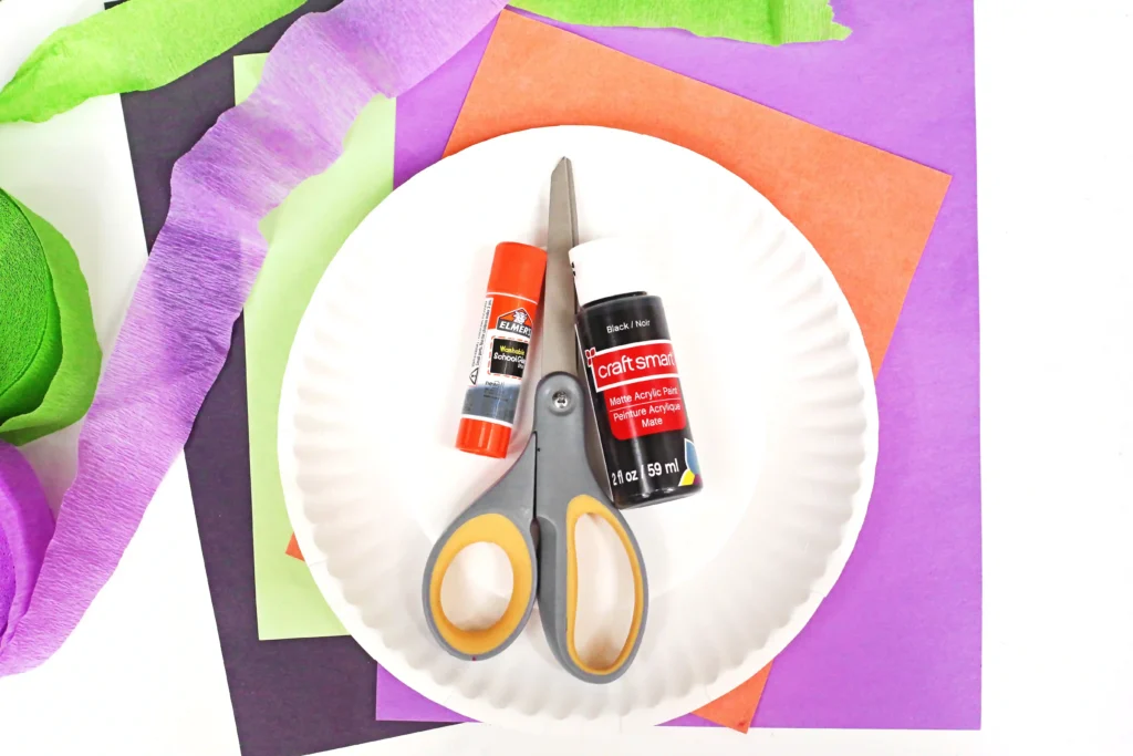 supplies for the cauldron paper plate craft