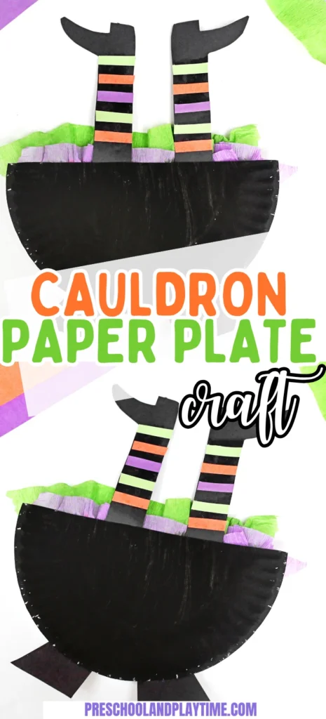 half of a paper plate painted black with witch legs sticking out