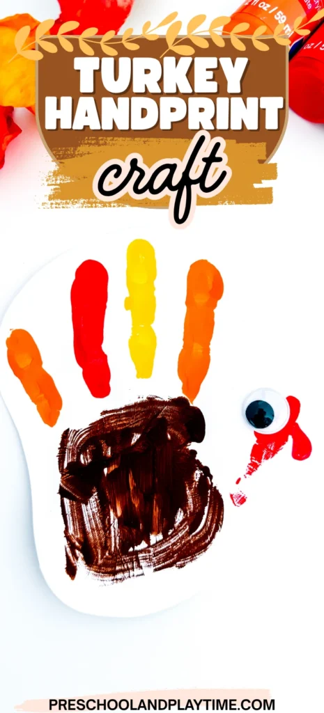 a turkey handprint craft of a painted handprint with googly eyes