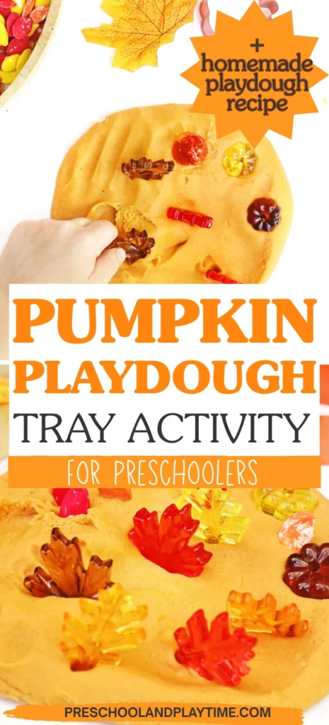orange playdough with plastic leaves and pumpkins in it