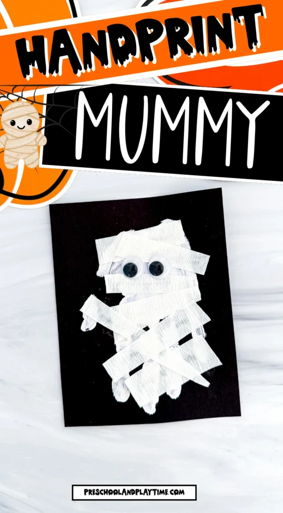 a Mummy Handprint Craft with streamer and googly eyes