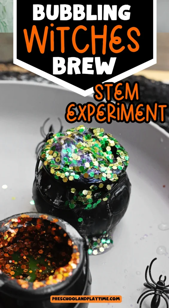 cauldrons with baking soda, vinegar, food coloring, and glitter to make halloween volcanoes