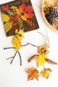 a man made out of leaves and sticks next to the book the leaf man
