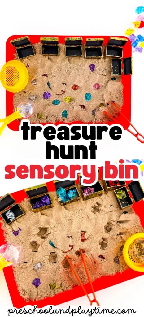 a Treasure Hunt Sensory Bin with kinetic sand, and gems in treasure chests