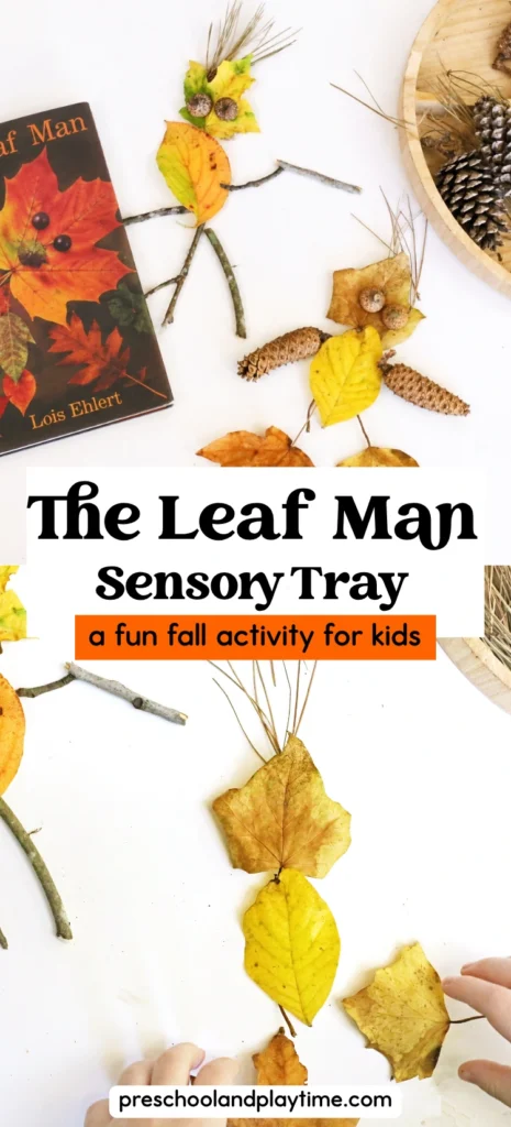 a man made out of leaves and sticks next to the book the leaf man
