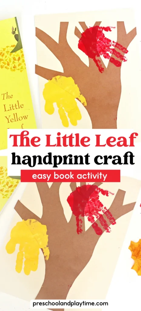 a tree cut out of construction paper with red and yellow handprints to look like leaves