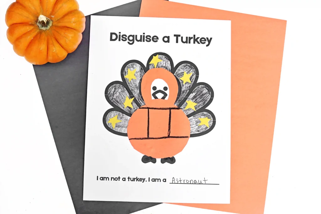 a Disguise A Turkey Astronaut Craft of a turkey with construction paper glued on to look like an astronaut