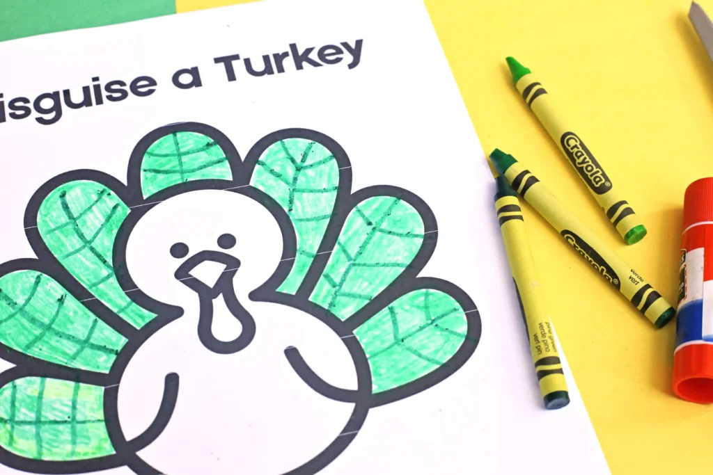 a printable of a turkey with the feathers colored in green