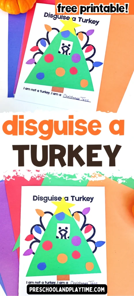 a turkey printable with construction paper on top to look like a christmas tree