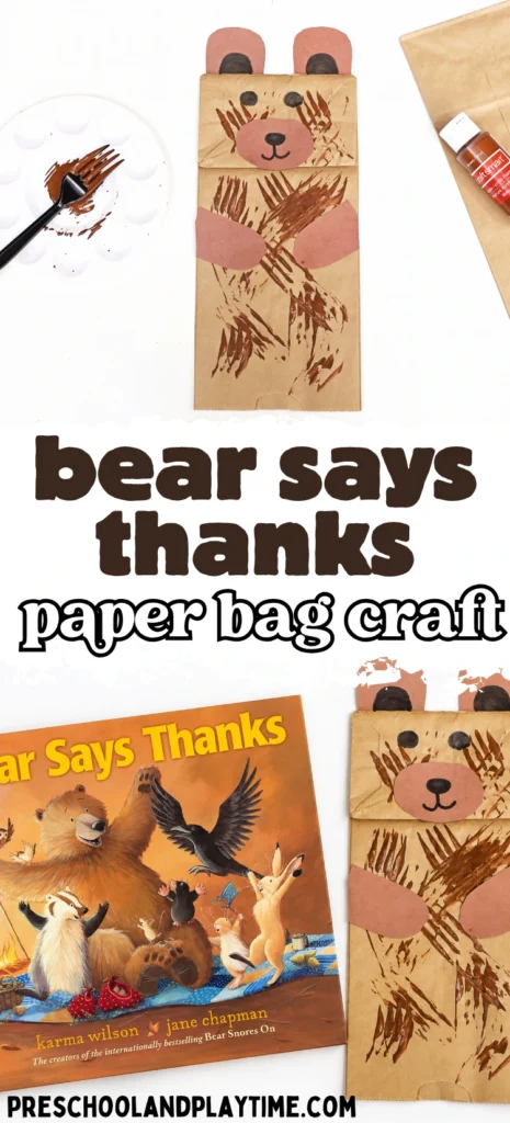 a paper bag decorated to look like a bear next to the book "Bear says thanks"