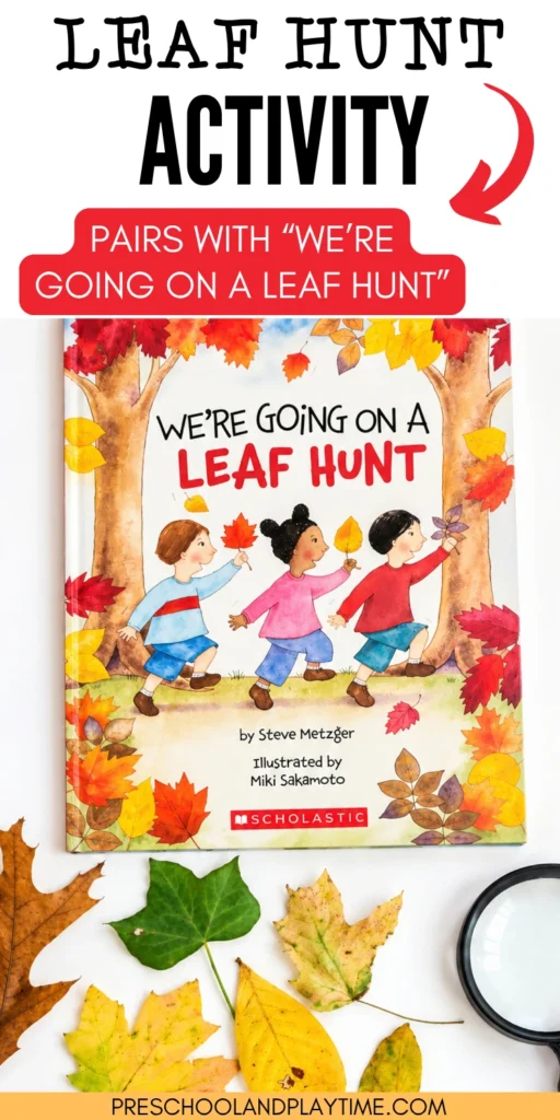 the book "we're going on a leaf hunt," leaves, and a magnifying glass