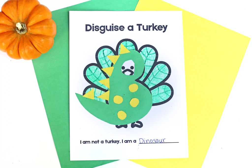 a printout of a turkey decorated to look like a dinosuar