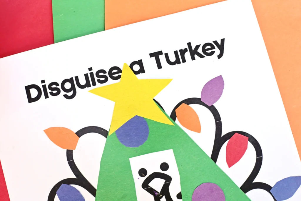 a turkey printable with construction paper on top to look like a christmas tree