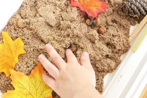 a kid's hand in a sensory bin with sand, pinecones, and leaves