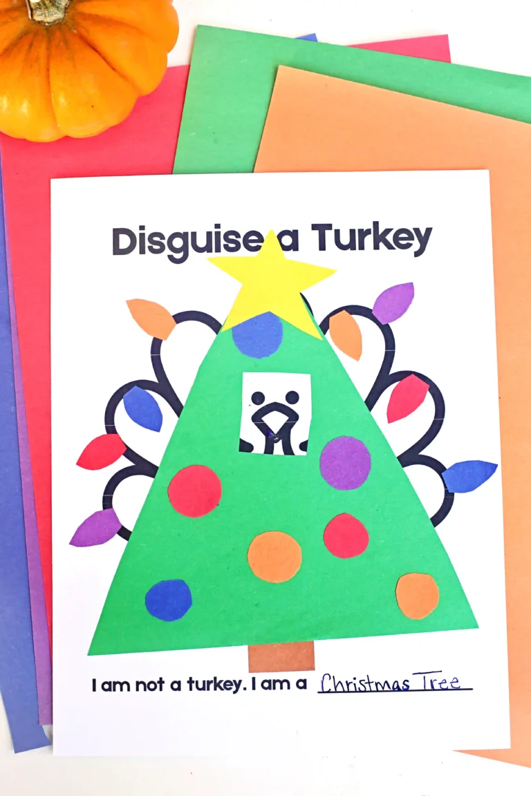 a turkey printable with construction paper on top to look like a christmas tree
