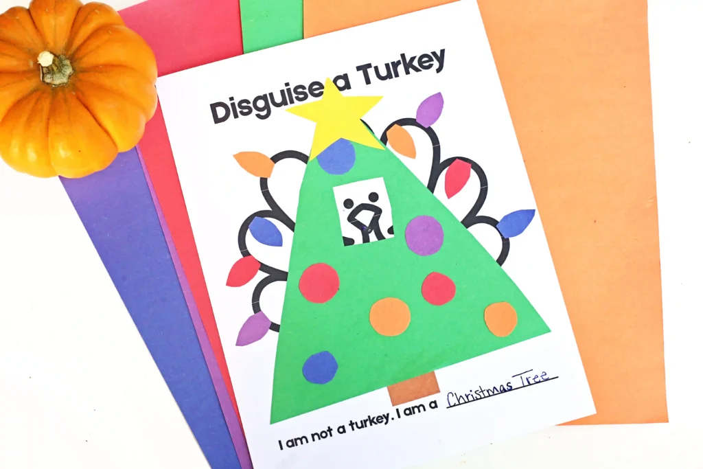 a turkey printable with construction paper on top to look like a christmas tree