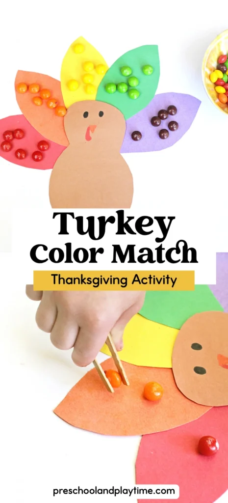 a construction paper turkey with skittles on the feathers to match their colors
